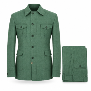 Field Pocket Set in green, showing the pointed-collar button-front jacket with two flap chest pockets and two lower pockets beside matching trousers laid flat, front view