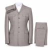 Four Pocket Set notch-lapel jacket and matching trousers in light taupe gray, with button front and four flap pockets, front view