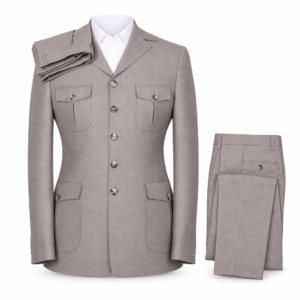 Four Pocket Set notch-lapel jacket and matching trousers in light taupe gray, with button front and four flap pockets, front view