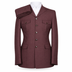 Four Pocket Set notch-lapel jacket and matching trousers in burgundy, with button front and four flap pockets, front view