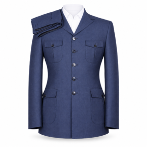 Four Pocket Set notch-lapel jacket and matching trousers in navy, with button front and four flap pockets, front view