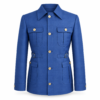 Gilt Button Jacket, a fitted blue pointed-collar jacket with gold-tone buttons, buttoned chest pockets, vertical seams and adjustable side waist tabs, front view