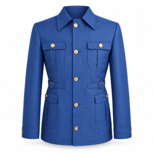 Gilt Button Jacket, a fitted blue pointed-collar jacket with gold-tone buttons, buttoned chest pockets, vertical seams and adjustable side waist tabs, front view