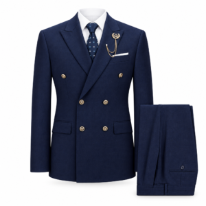 Harbor Doublet navy tailored two-piece set with double-breasted jacket, peak lapels, gold-tone buttons, flap pockets, decorative chain and matching trousers