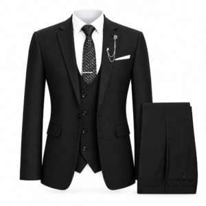 Black three-piece suit with notched-lapel single-breasted jacket, matching waistcoat and trousers, styled with a white shirt, tie and decorative chain