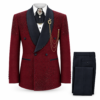 Burgundy Peak Lapel Blazer with black peak lapels, dark double-breasted buttons and scattered embellishment