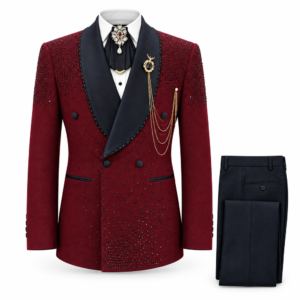 Burgundy Peak Lapel Blazer with black peak lapels, dark double-breasted buttons and scattered embellishment