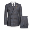 Brown and blue-toned plaid two-piece suit set with double-breasted peak-lapel jacket and matching trousers