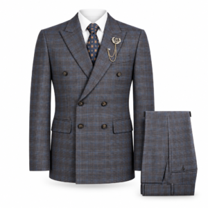 Brown and blue-toned plaid two-piece suit set with double-breasted peak-lapel jacket and matching trousers