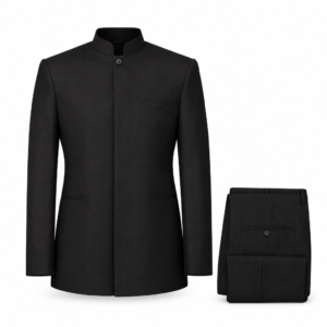 Tailored Duo two-piece mandarin-collar jacket and matching trousers in black, front view
