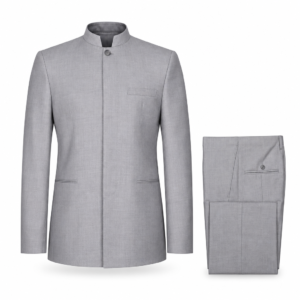 Tailored Duo two-piece mandarin-collar jacket and matching trousers in light gray, front view