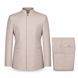Tailored Duo two-piece mandarin-collar jacket and matching trousers in pale beige, front view