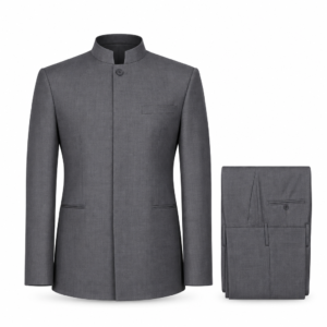 Tailored Duo two-piece mandarin-collar jacket and matching trousers in charcoal gray, front view