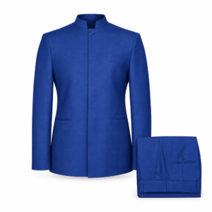 Tailored Duo two-piece mandarin-collar jacket and matching trousers in cobalt blue, front view