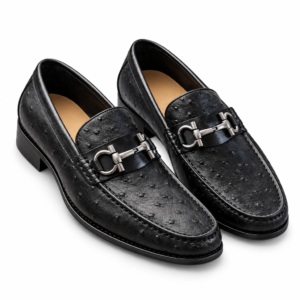 The Bridle Loafer black low-profile horsebit leather loafer with textured ostrich-effect vamp and polished metal hardware