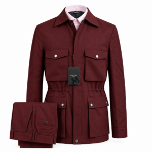 The Fieldmark Jacket and Trouser Set in burgundy, showing the collared jacket with concealed fastening, four snap-close flap pockets and matching trousers