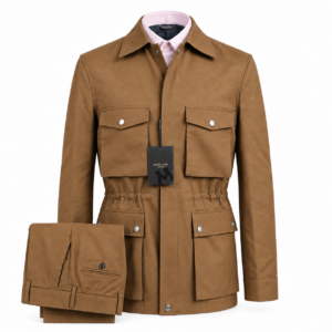 The Fieldmark Jacket and Trouser Set in camel, showing the collared jacket with concealed fastening, four snap-close flap pockets and matching trousers