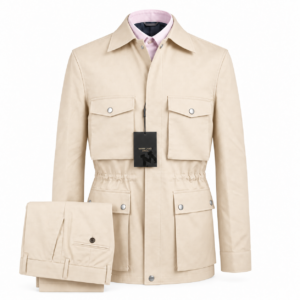 The Fieldmark Jacket and Trouser Set in ivory, showing the collared jacket with concealed fastening, four snap-close flap pockets and matching trousers