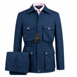 The Fieldmark Jacket and Trouser Set in navy, showing the collared jacket with concealed fastening, four snap-close flap pockets and matching trousers