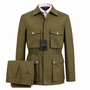 The Fieldmark Jacket and Trouser Set in olive, showing the collared jacket with concealed fastening, four snap-close flap pockets and matching trousers