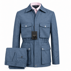 The Fieldmark Jacket and Trouser Set in slate blue, showing the collared jacket with concealed fastening, four snap-close flap pockets and matching trousers