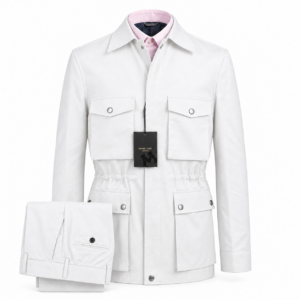 The Fieldmark Jacket and Trouser Set in white, showing the collared jacket with concealed fastening, four snap-close flap pockets and matching trousers
