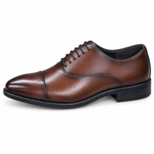 Brown leather cap-toe Oxford shoes with closed lacing, rounded toes and curved cap seams