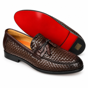 The Tassel Weave brown woven leather loafers with tassels and bright red soles